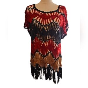 Sioni Studio Open Knit Crochet Top Womens S/M Pull On Striped Boho Fringe